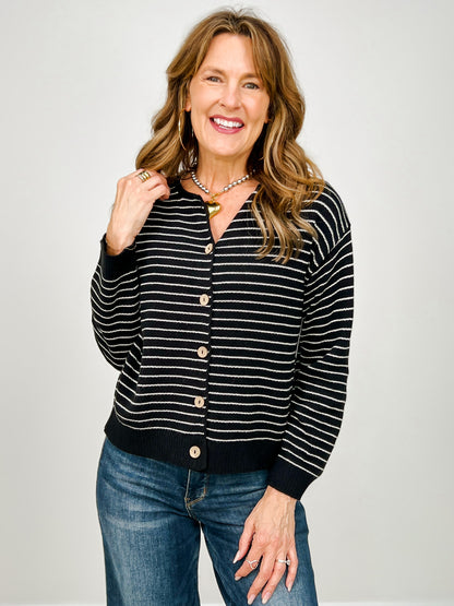 Stripe Button Down Raw Edge Knit Cardigan