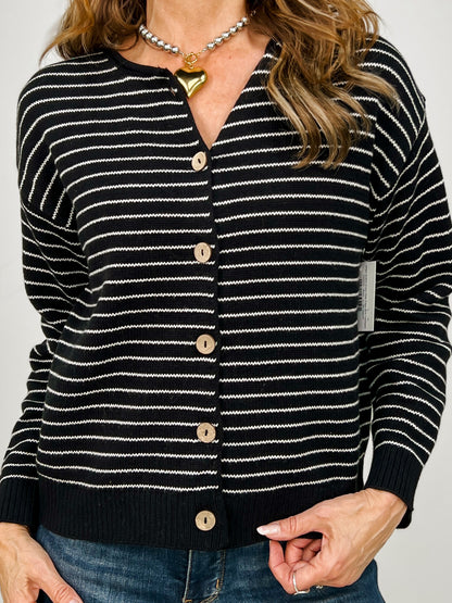 Stripe Button Down Raw Edge Knit Cardigan