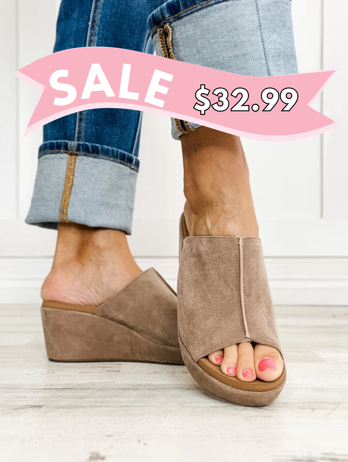 Corkys Here For It Open Toe Wedges in Light Grey Faux Suede