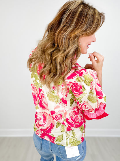 Floral Print Short Puff Sleeve Ruffle Detail V-Neck Top