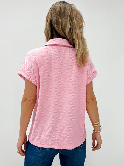Textured Button Down Collared Short Sleeve Top