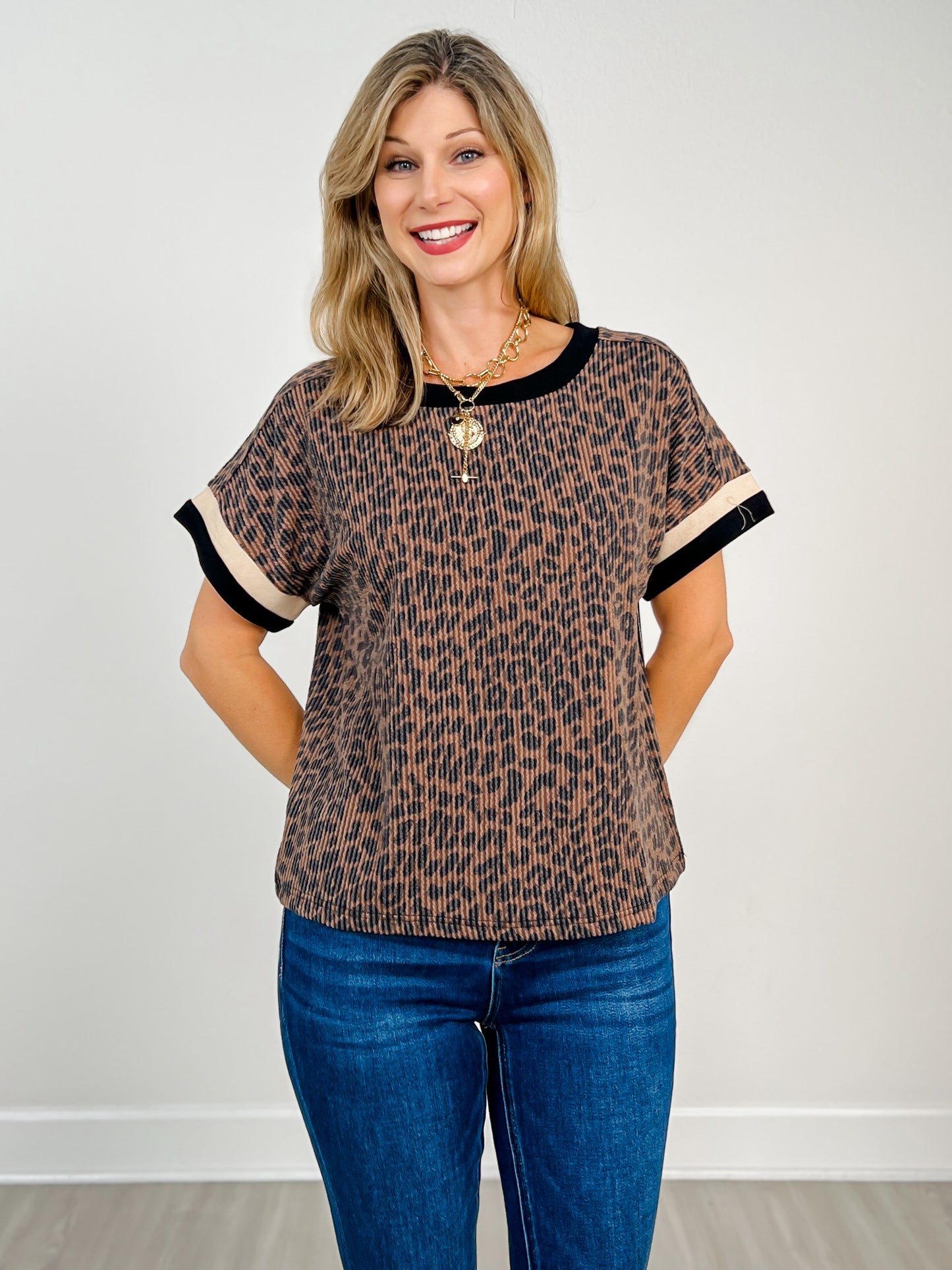 Leopard Print Short Sleeve Top with Contrast Neckline