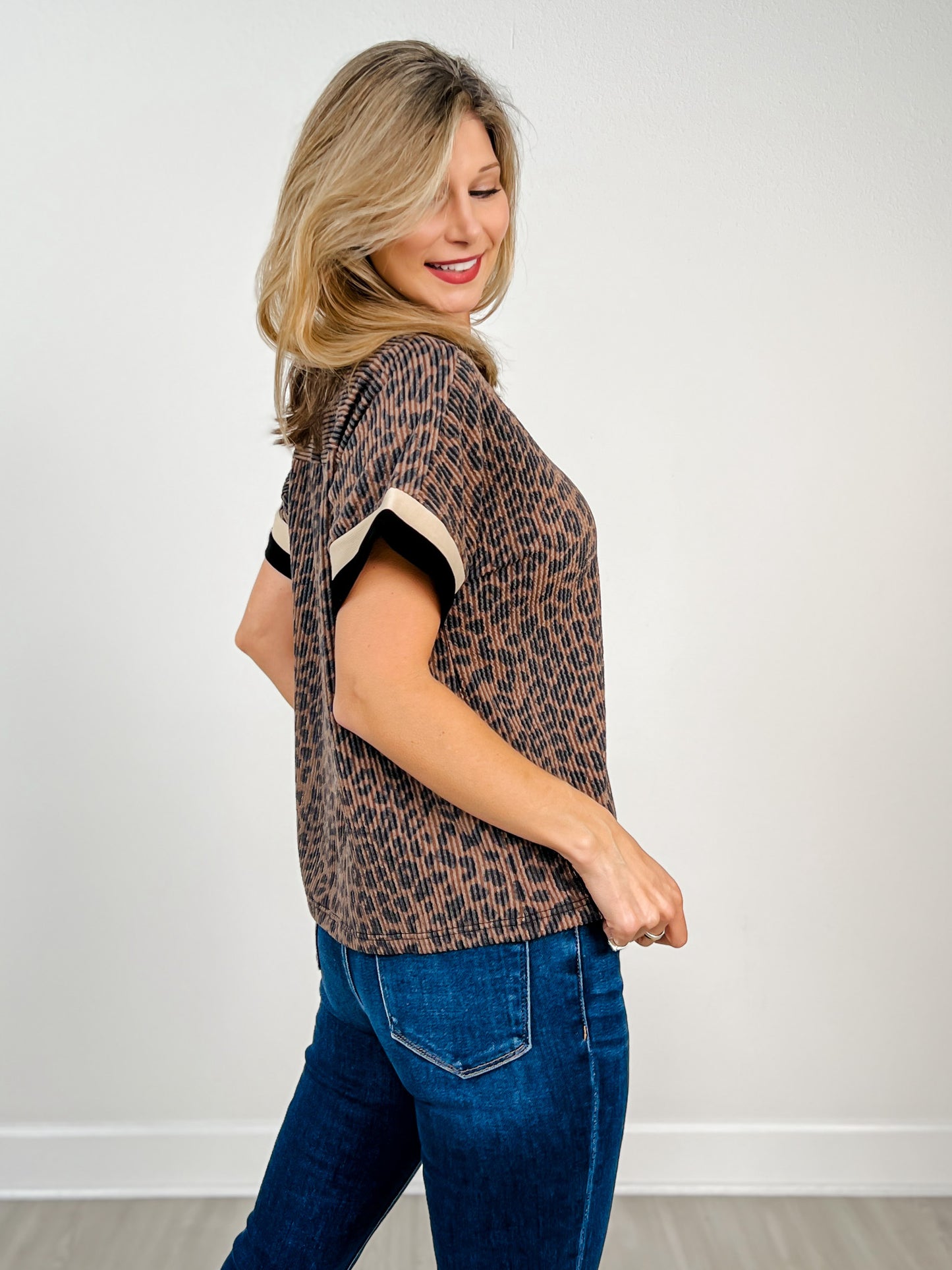 Leopard Print Short Sleeve Top with Contrast Neckline