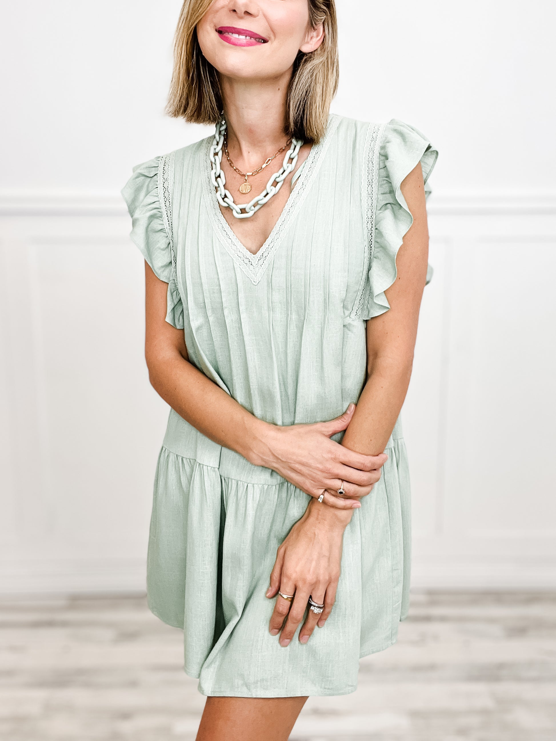 Pintuck Detail V-Neck Solid Linen Mini Dress