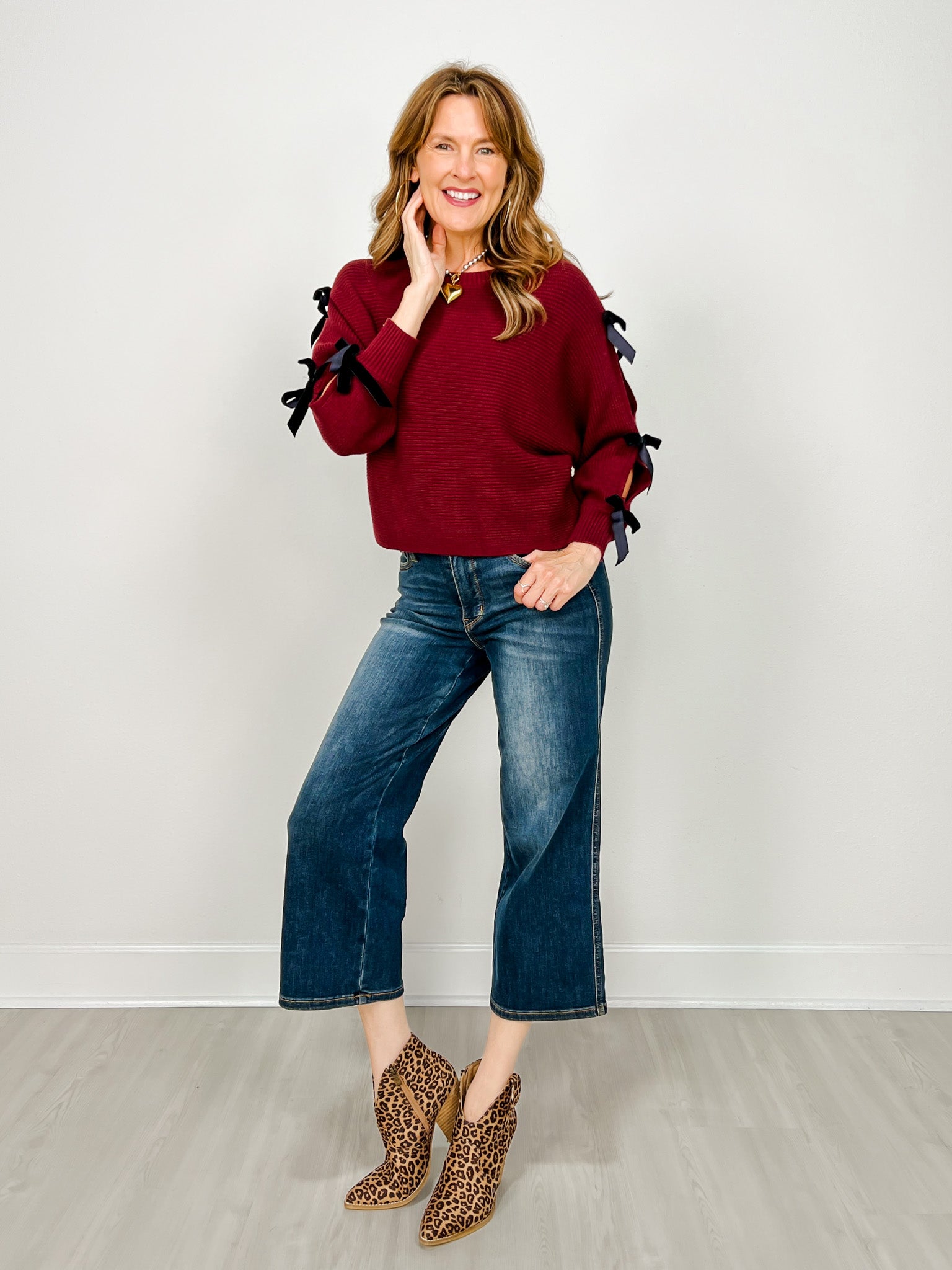 Velvet Bow Sleeve Detail Knit Pullover Sweater