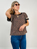 Leopard Print Short Sleeve Top with Contrast Neckline
