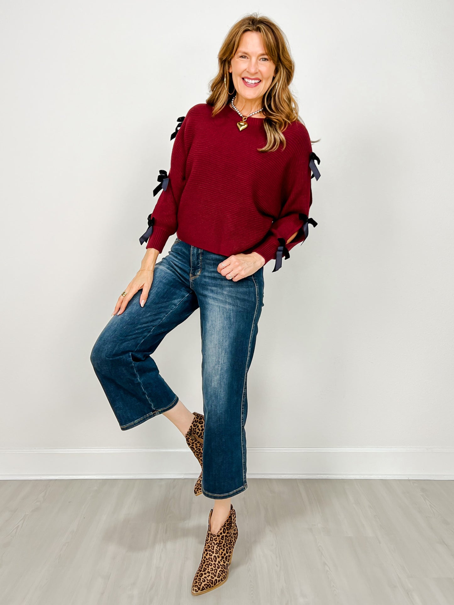 Velvet Bow Sleeve Detail Knit Pullover Sweater