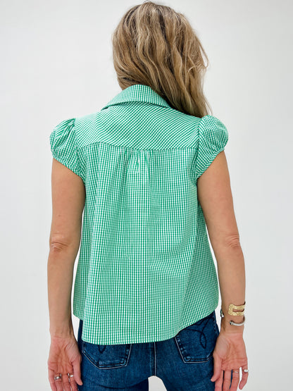 Gingham Short Puff Sleeve Top with Ruffle Detail