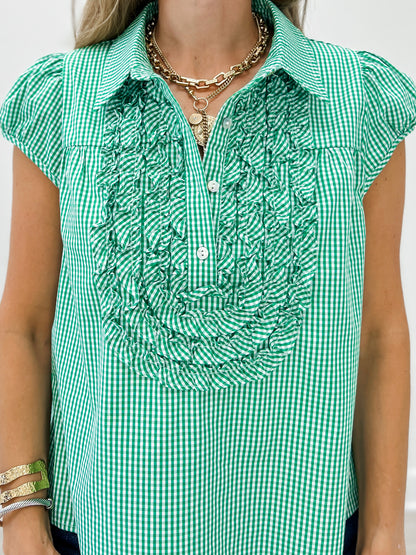 Gingham Short Puff Sleeve Top with Ruffle Detail