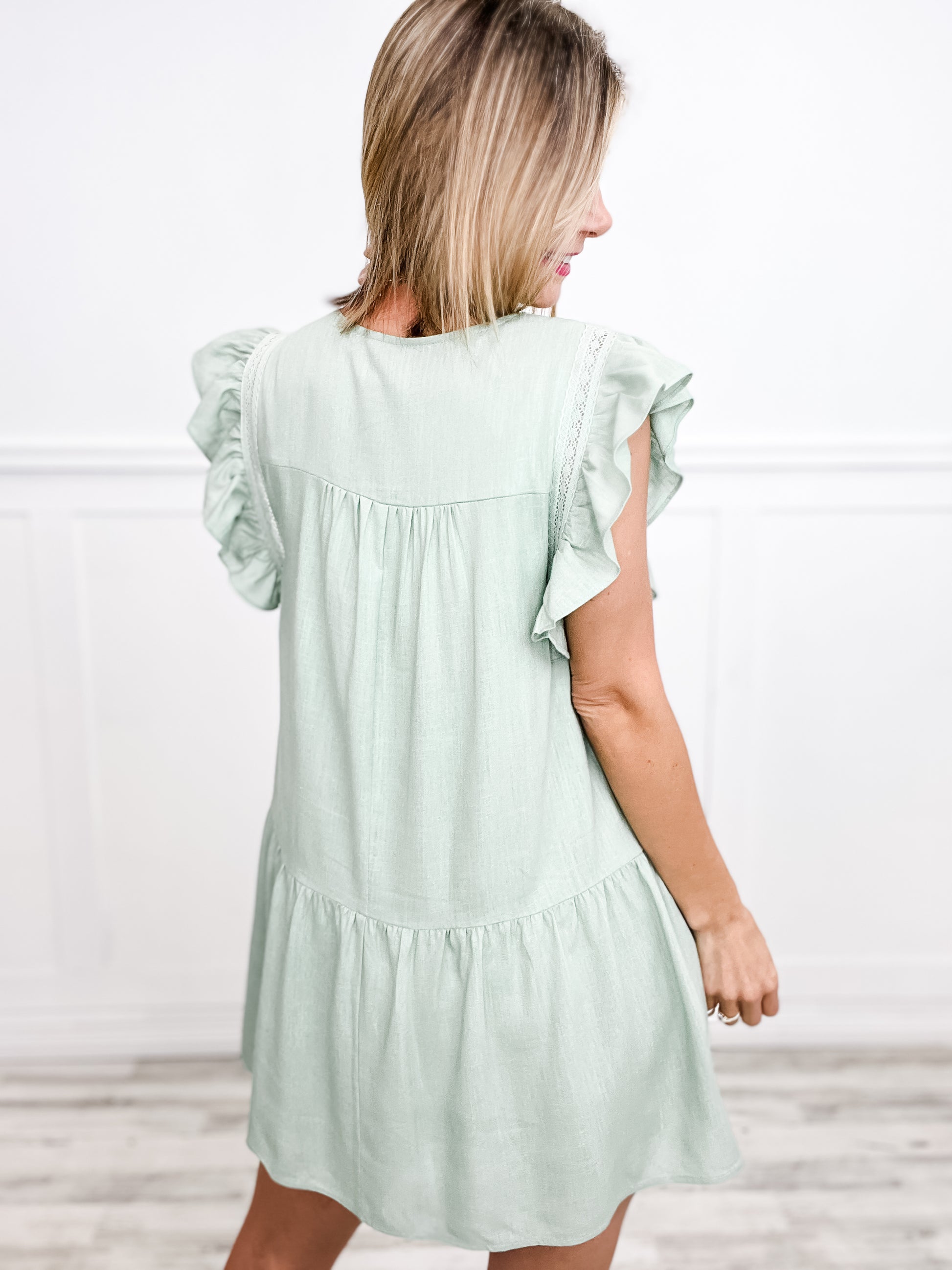 Pintuck Detail V-Neck Solid Linen Mini Dress