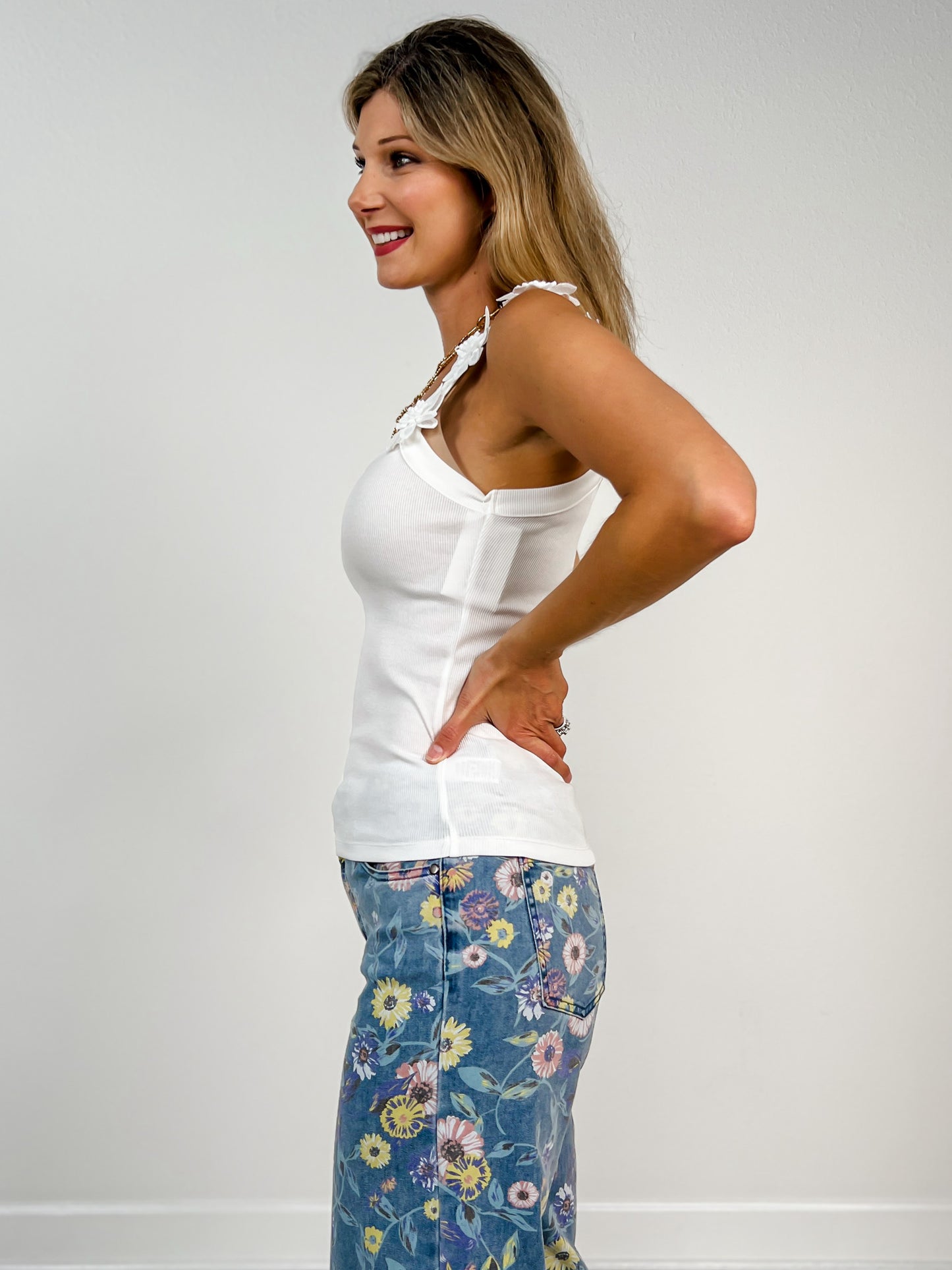 Flower Tape Strap Ribbed Tank Top