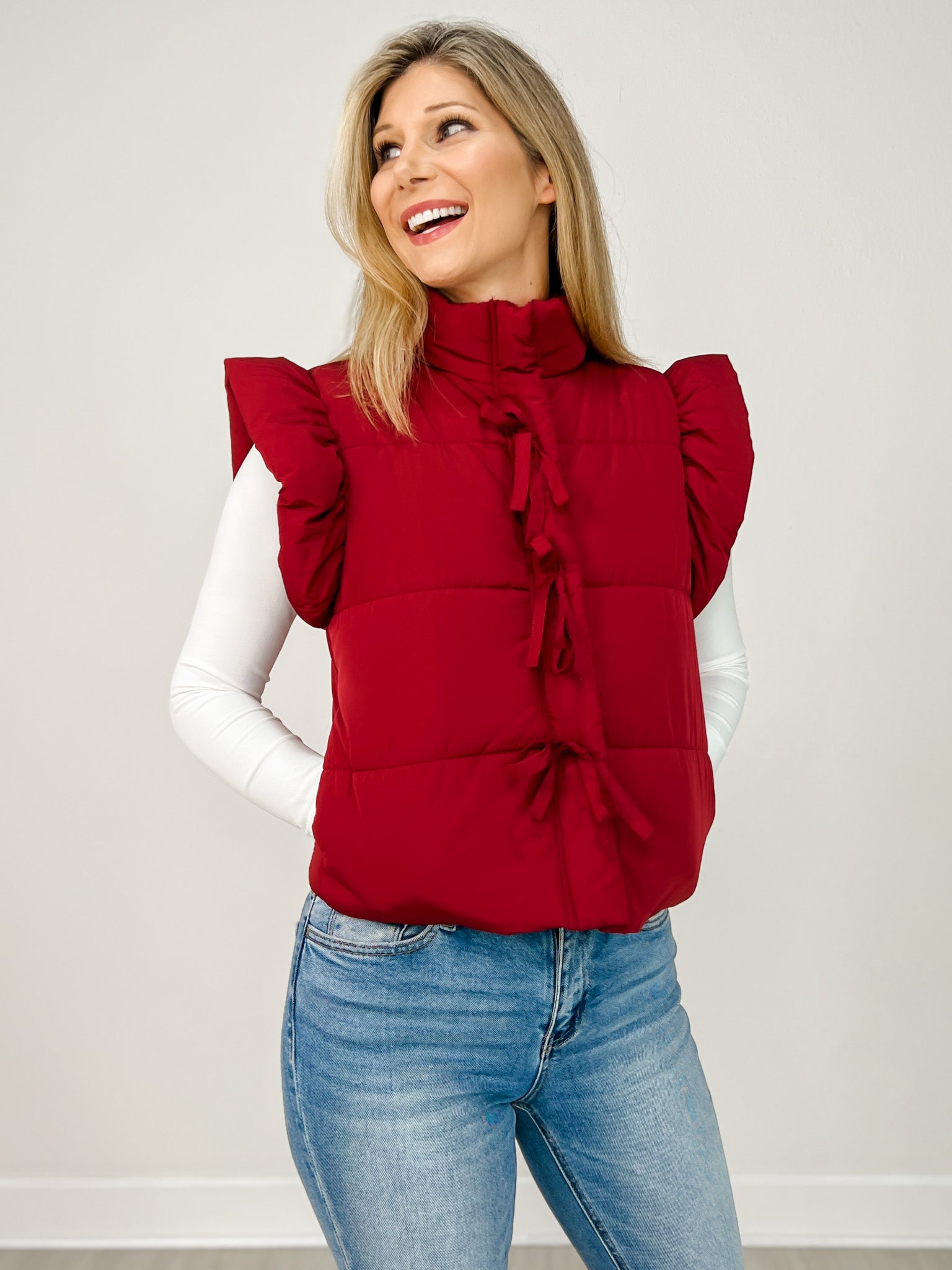 Flutter Sleeve Bow Detail Zip-up Puffer Vest