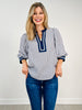 Striped 3/4 Sleeve Woven Top with Ruffle Split Neckline