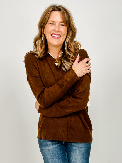 Solid Crewneck Front Seam Knit Sweater -GROUP B