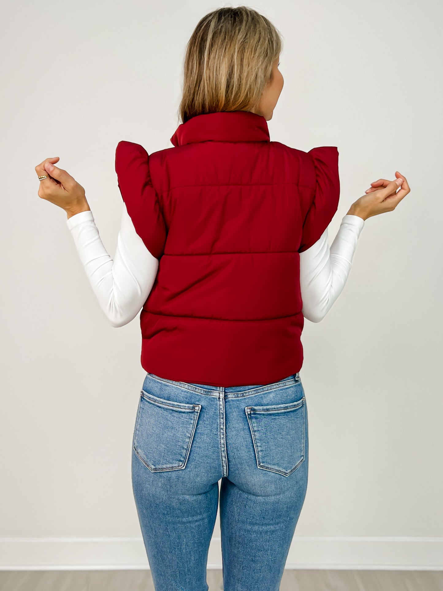 Flutter Sleeve Bow Detail Zip-up Puffer Vest