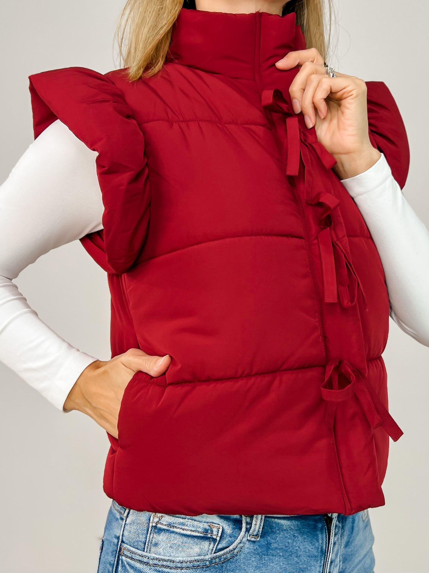 Flutter Sleeve Bow Detail Zip-up Puffer Vest