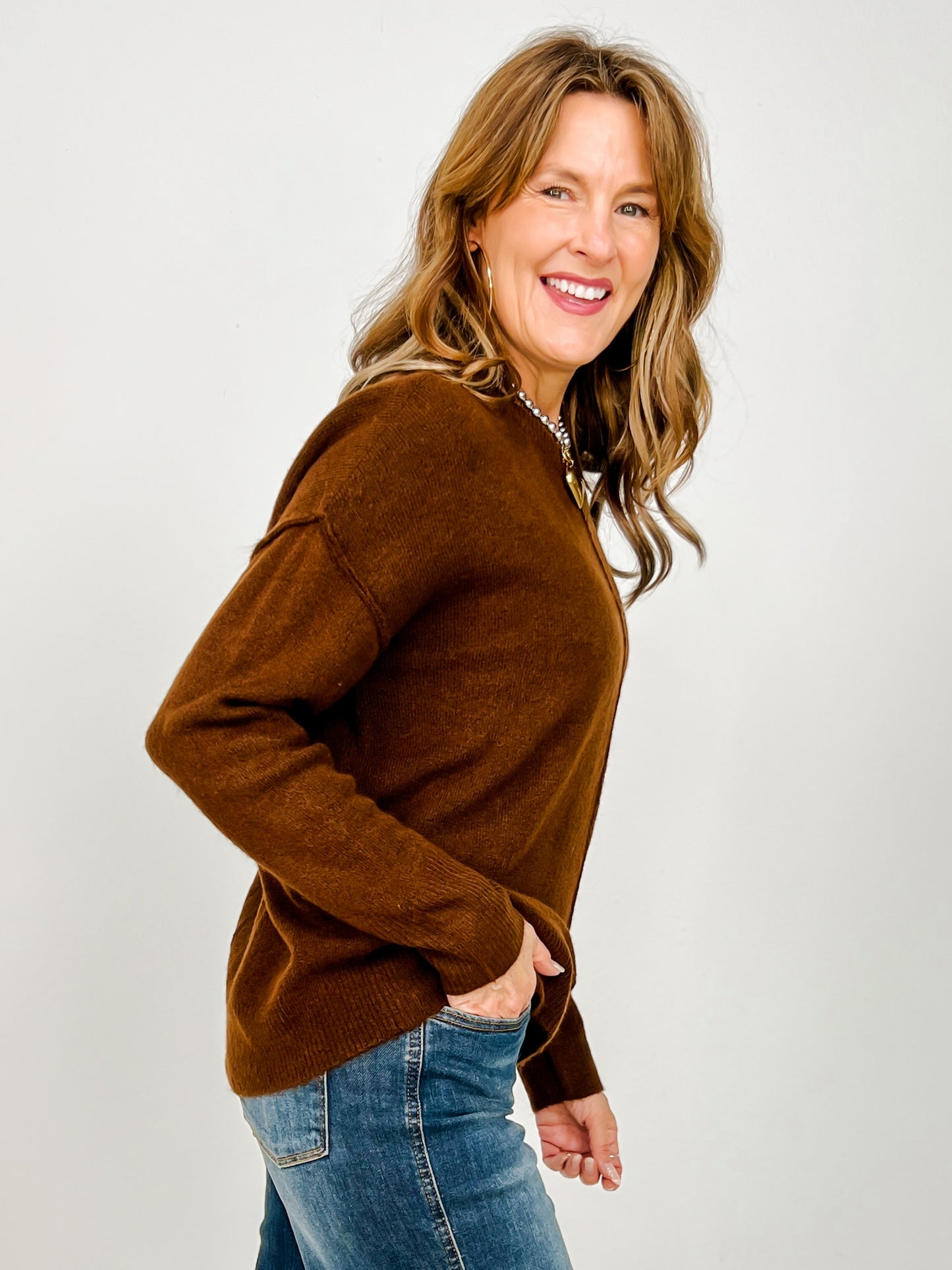 Solid Crewneck Front Seam Knit Sweater -GROUP B