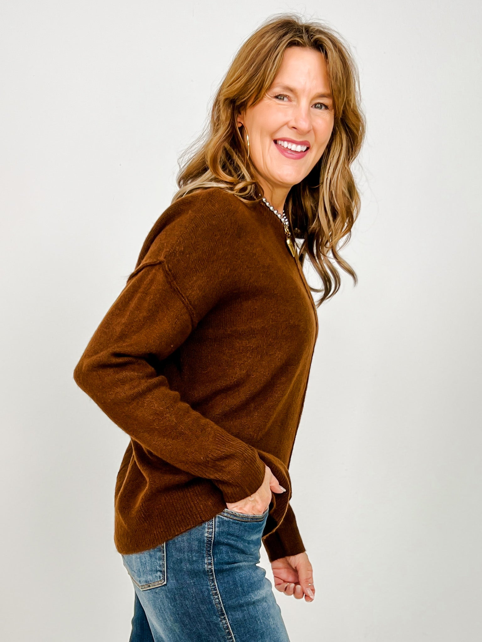 Solid Crewneck Front Seam Knit Sweater -GROUP B