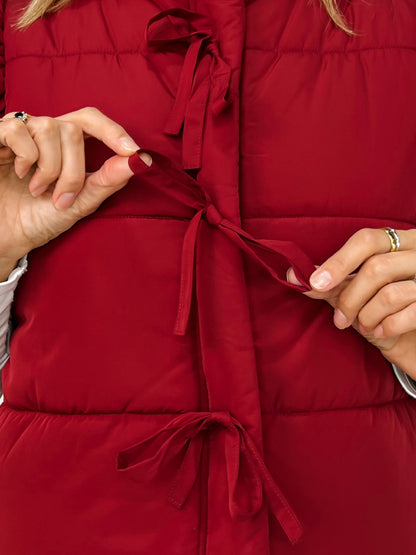 Flutter Sleeve Bow Detail Zip-up Puffer Vest