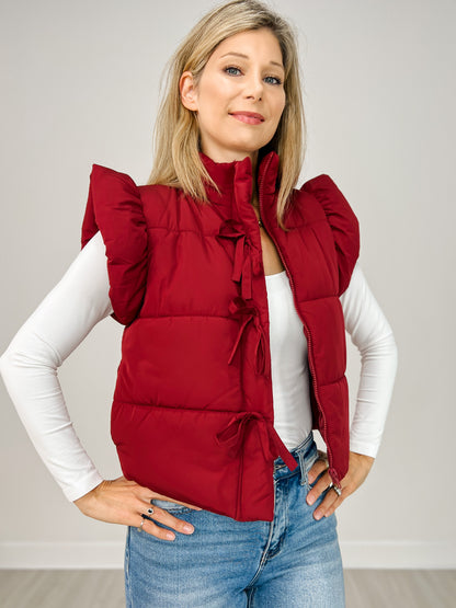 Flutter Sleeve Bow Detail Zip-up Puffer Vest