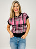 Plaid Short Sleeve Knit Top with Scallop Edges