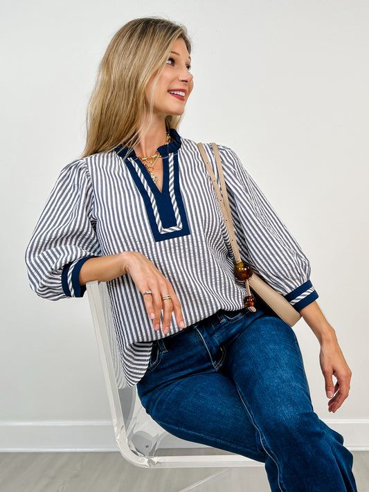 Striped 3/4 Sleeve Woven Top with Ruffle Split Neckline