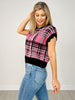 Plaid Short Sleeve Knit Top with Scallop Edges