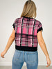 Plaid Short Sleeve Knit Top with Scallop Edges