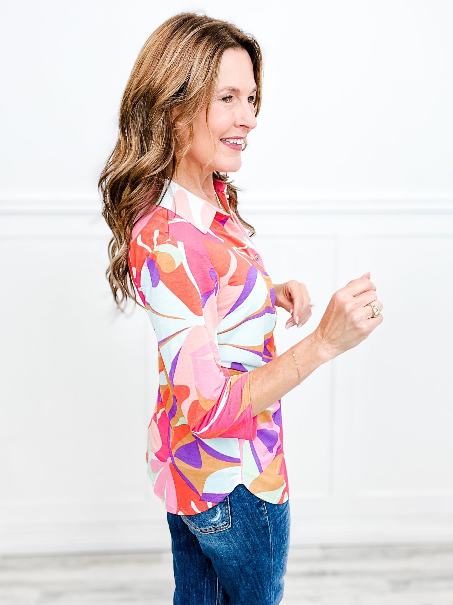 Floral 3/4 Sleeve Button Up Top