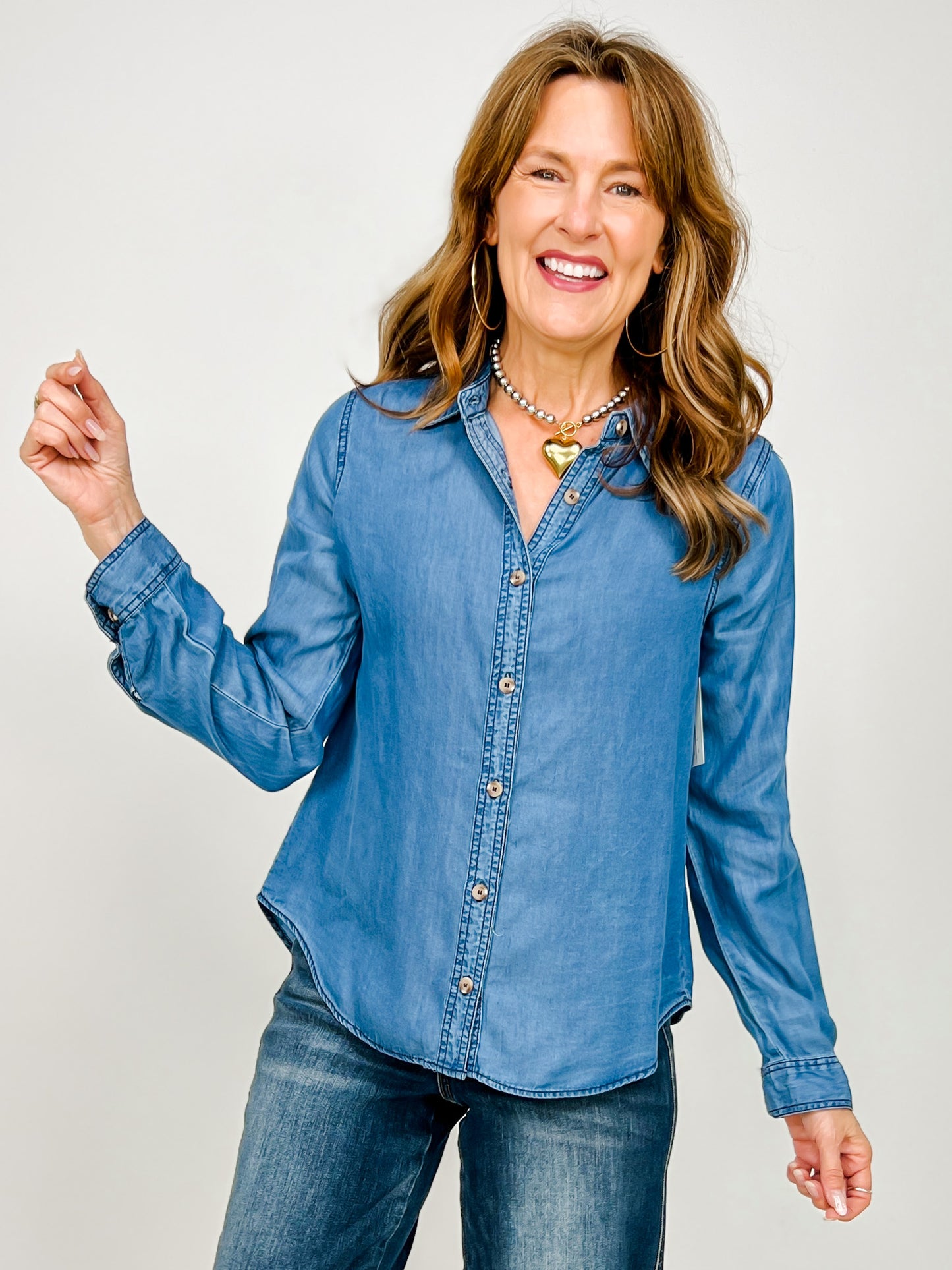 Chambray Collared 3/4 Tab Sleeve Button Down Top