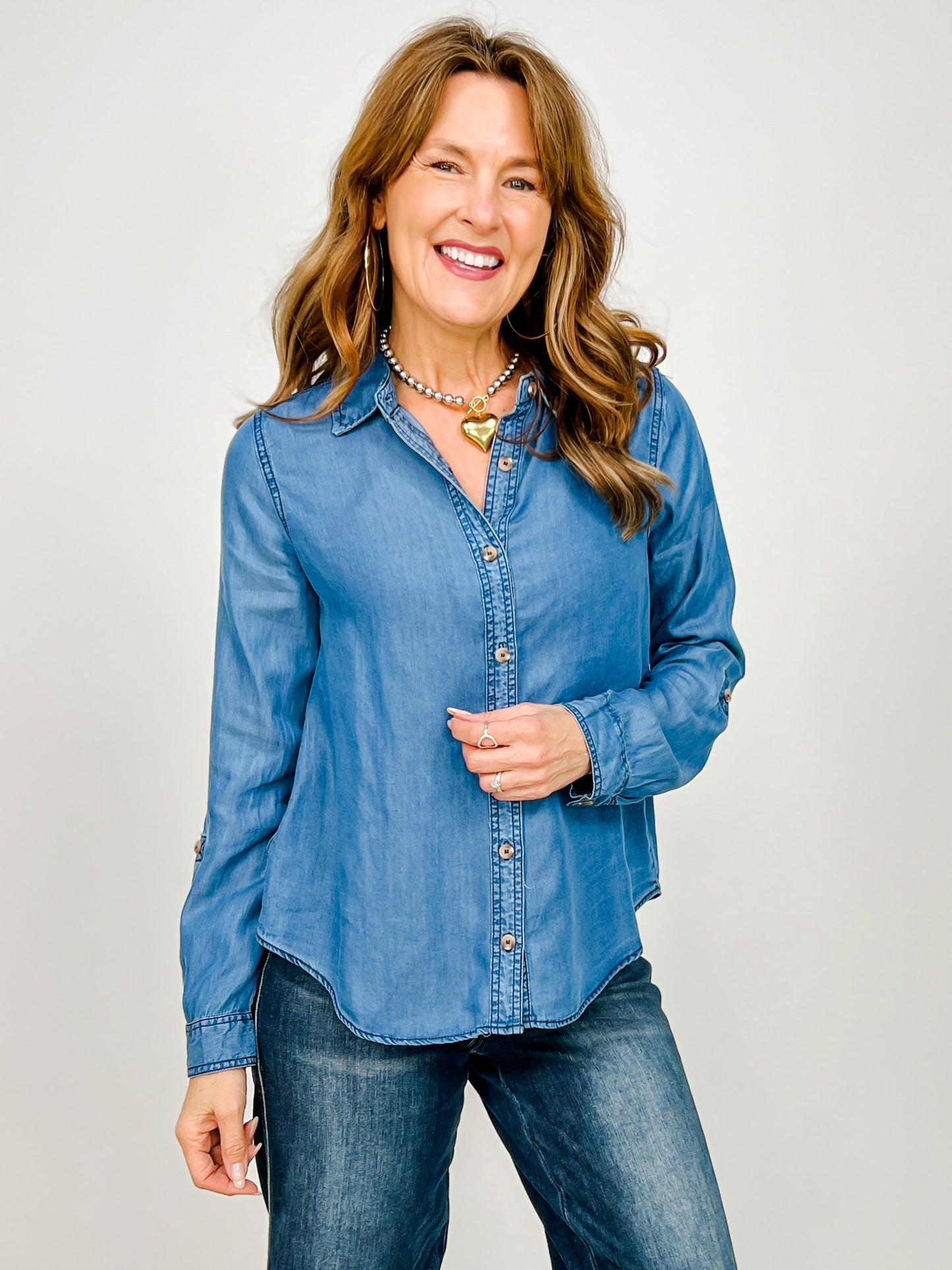 Chambray Collared 3/4 Tab Sleeve Button Down Top