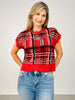 Plaid Short Sleeve Knit Top with Scallop Edges