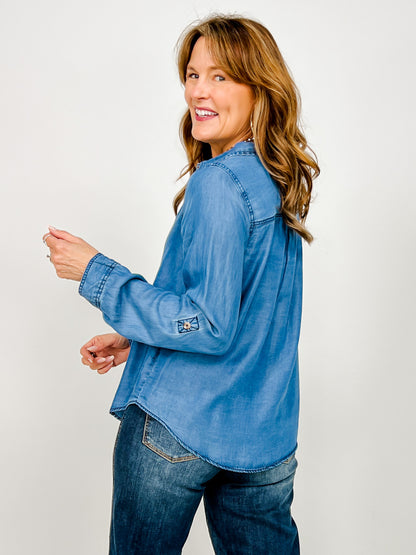 Chambray Collared 3/4 Tab Sleeve Button Down Top