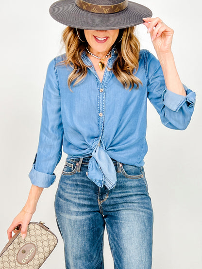 Chambray Collared 3/4 Tab Sleeve Button Down Top