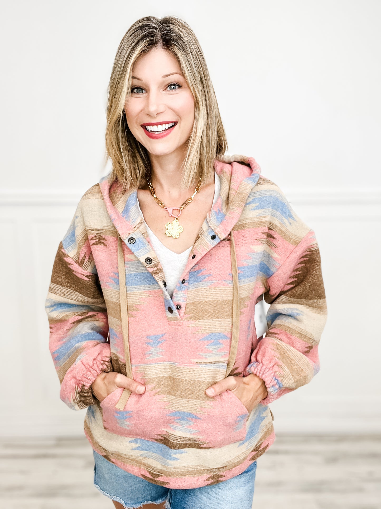 Aztec Print Woven Hooded Sweater with Button V-Neckline