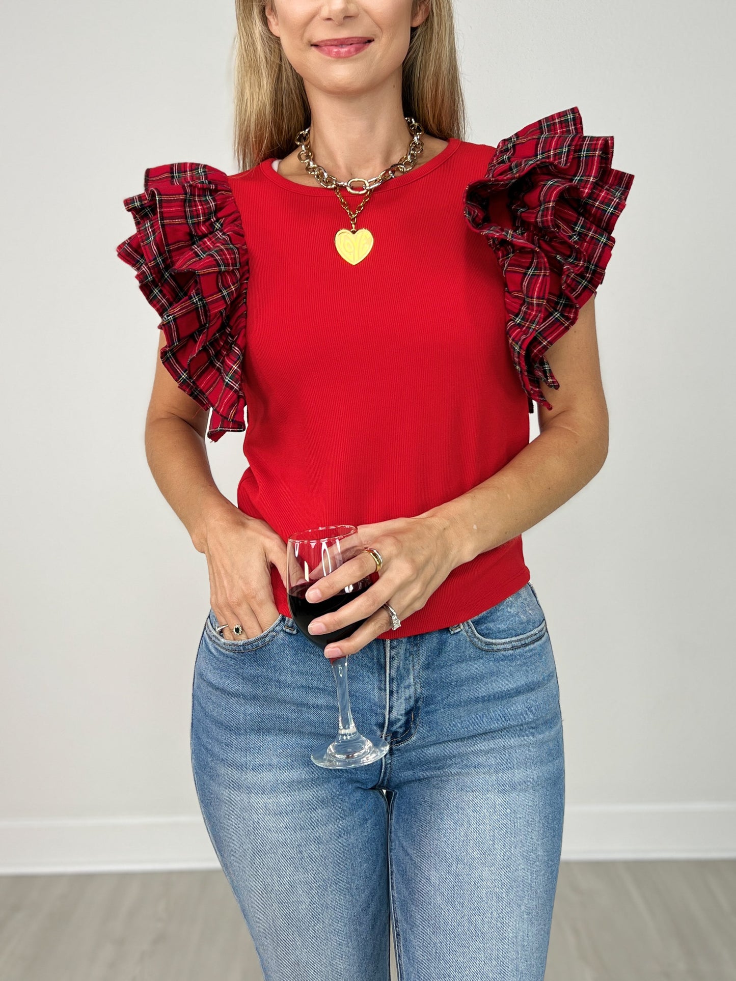 Contrast Ruffle Sleeve Round Neck Knit Top