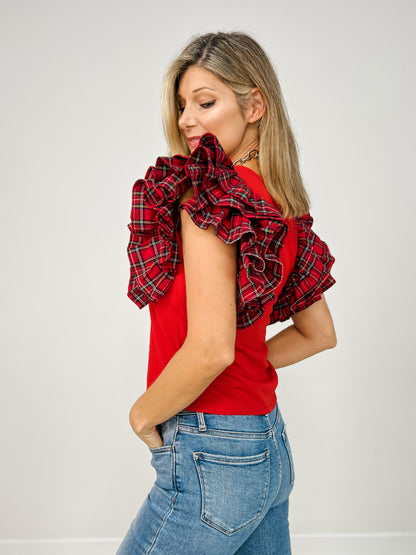 Contrast Ruffle Sleeve Round Neck Knit Top