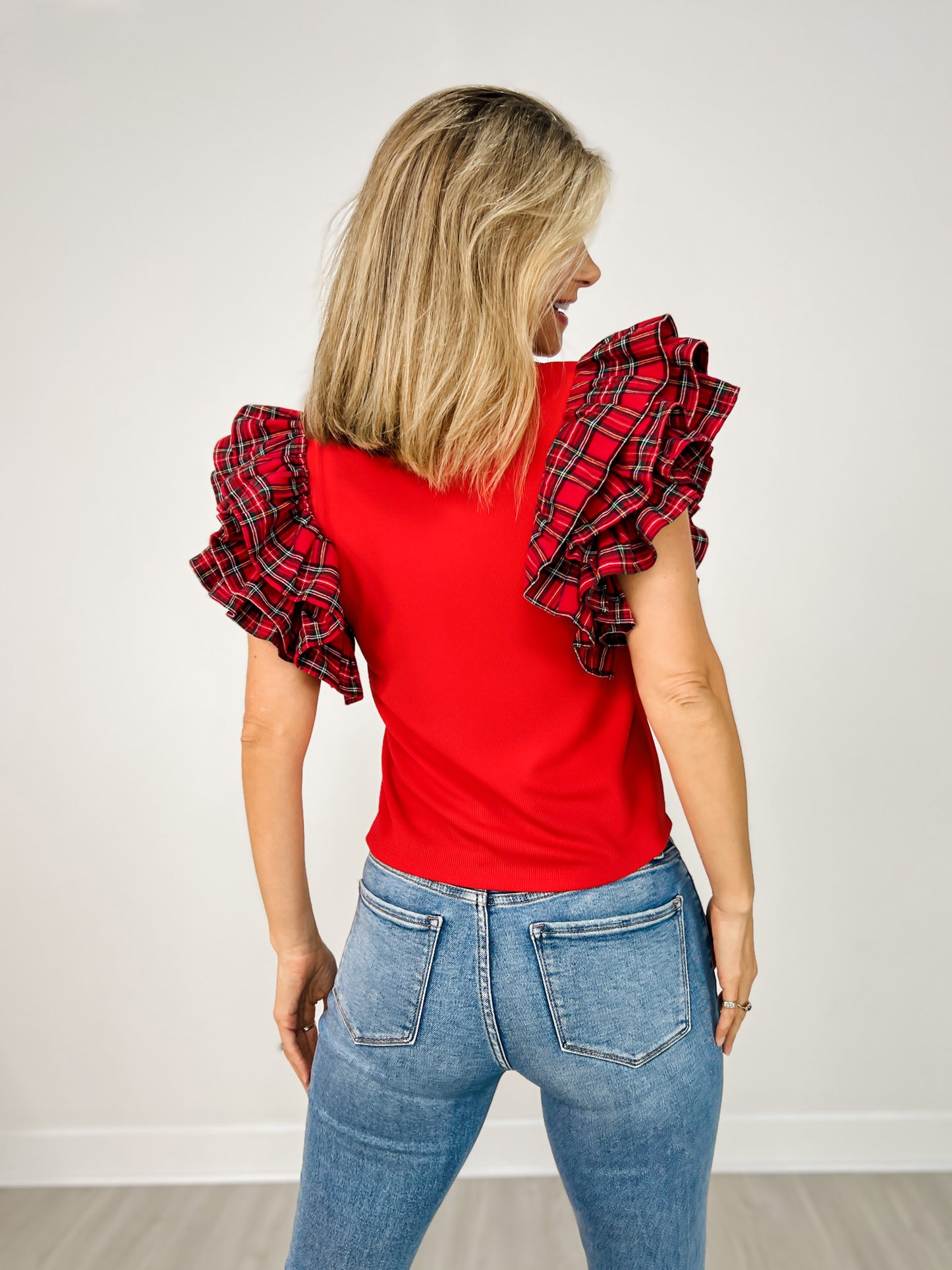 Contrast Ruffle Sleeve Round Neck Knit Top