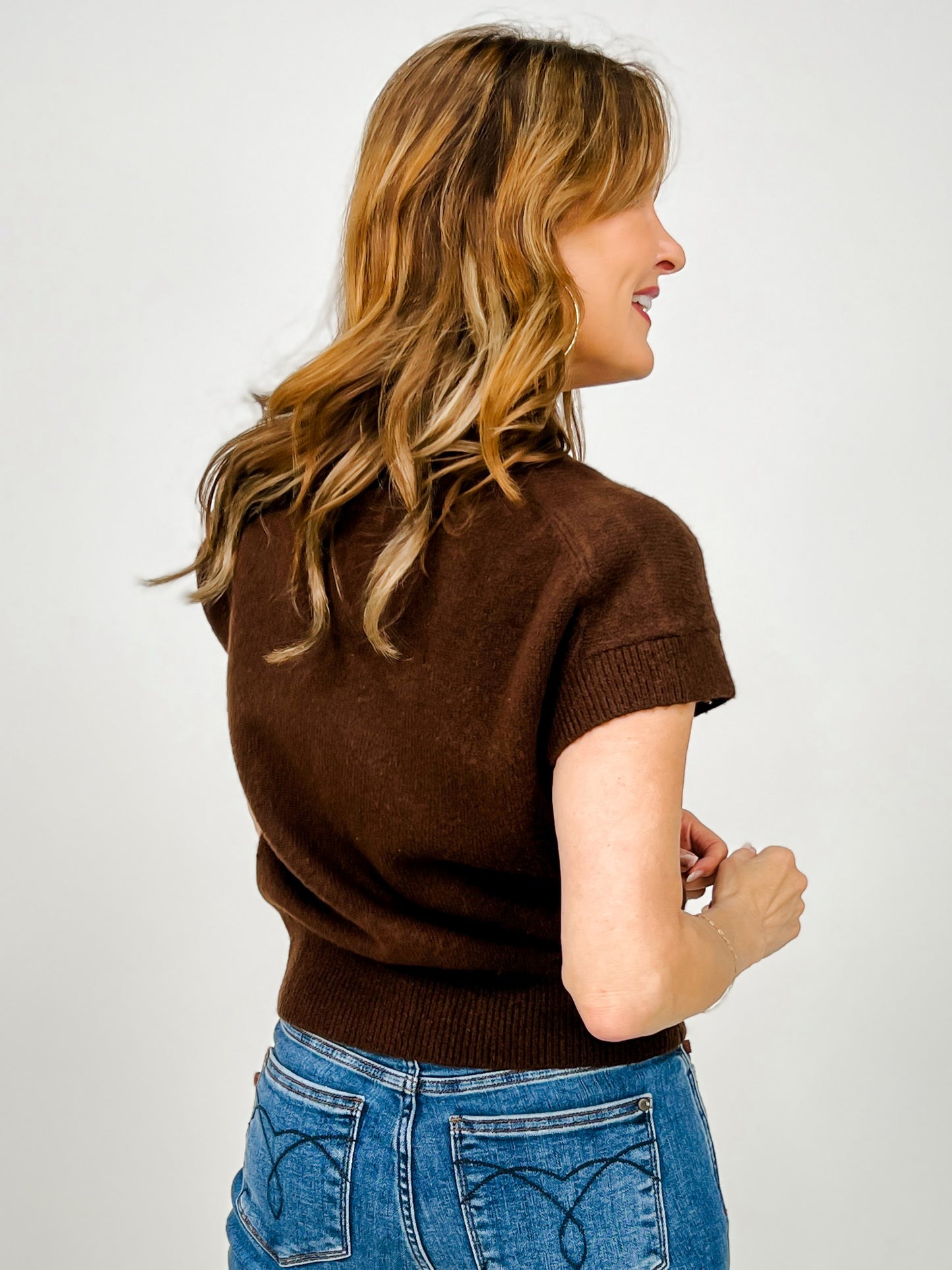 V-Neck Short Sleeve Knit Pullover Sweater