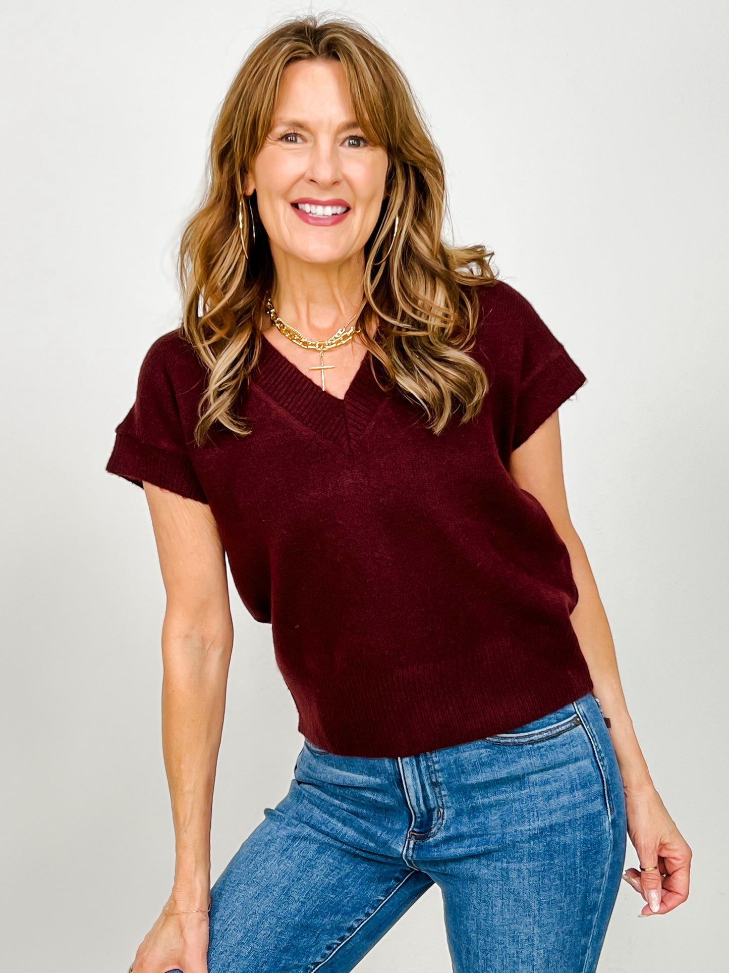 V-Neck Short Sleeve Knit Pullover Sweater