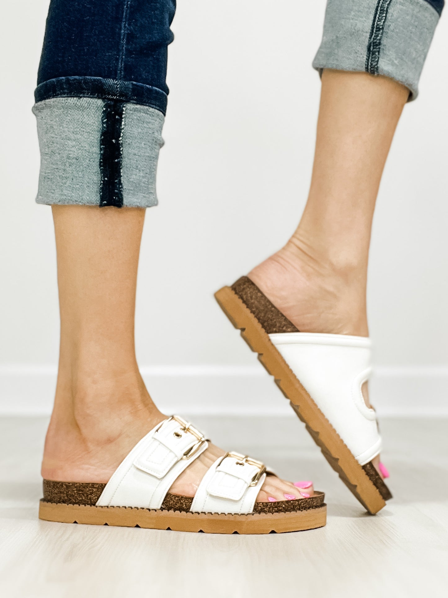 Corkys Conceited Double Buckle Slide Sandals in WHITE