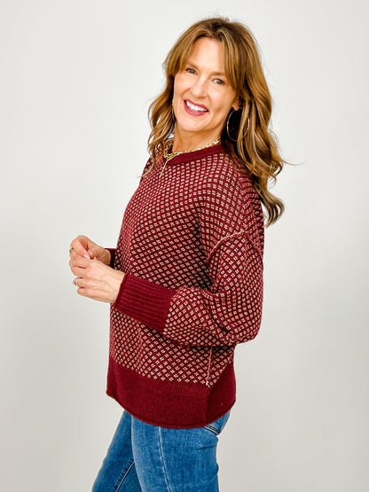 Mini Jacquard Crew Neck Long Sleeve Knit Sweater