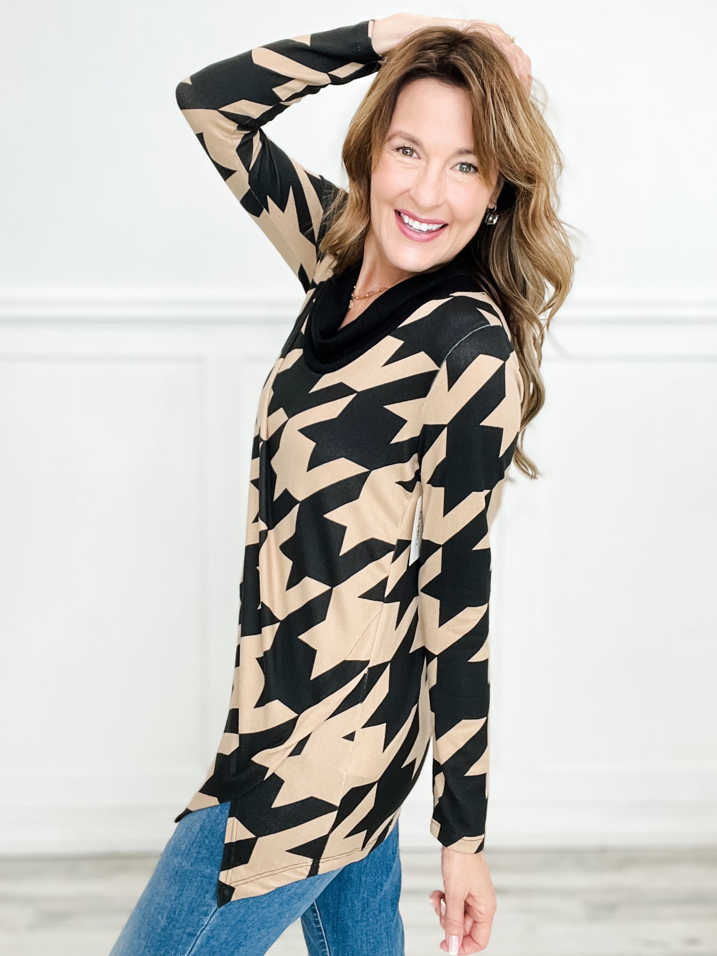 Long Sleeve Cowl Neck Printed Sweater