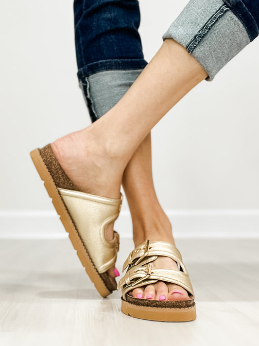 Corkys Conceited Double Buckle Slide Sandals in GOLD