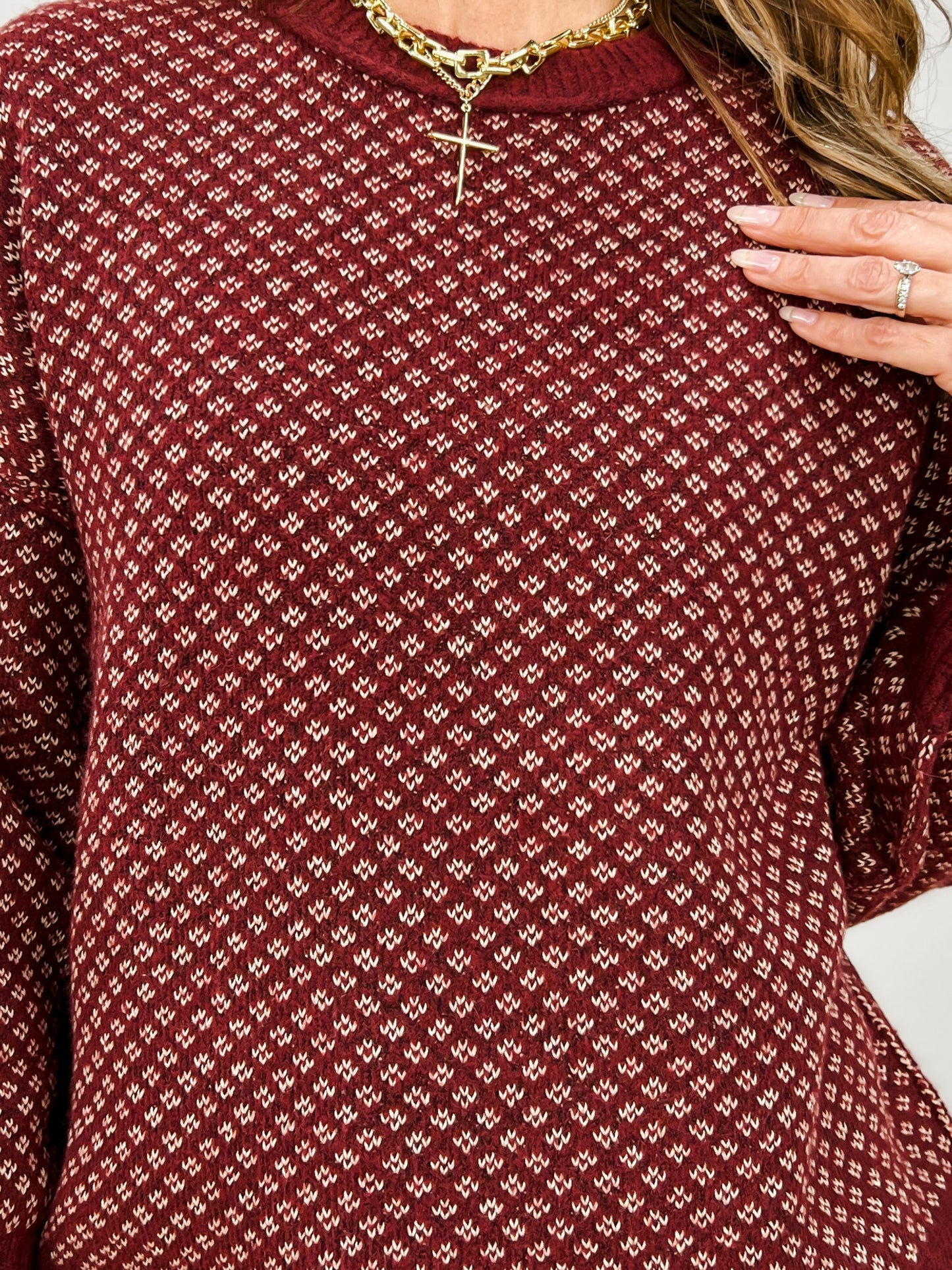 Mini Jacquard Crew Neck Long Sleeve Knit Sweater