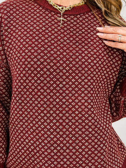 Mini Jacquard Crew Neck Long Sleeve Knit Sweater