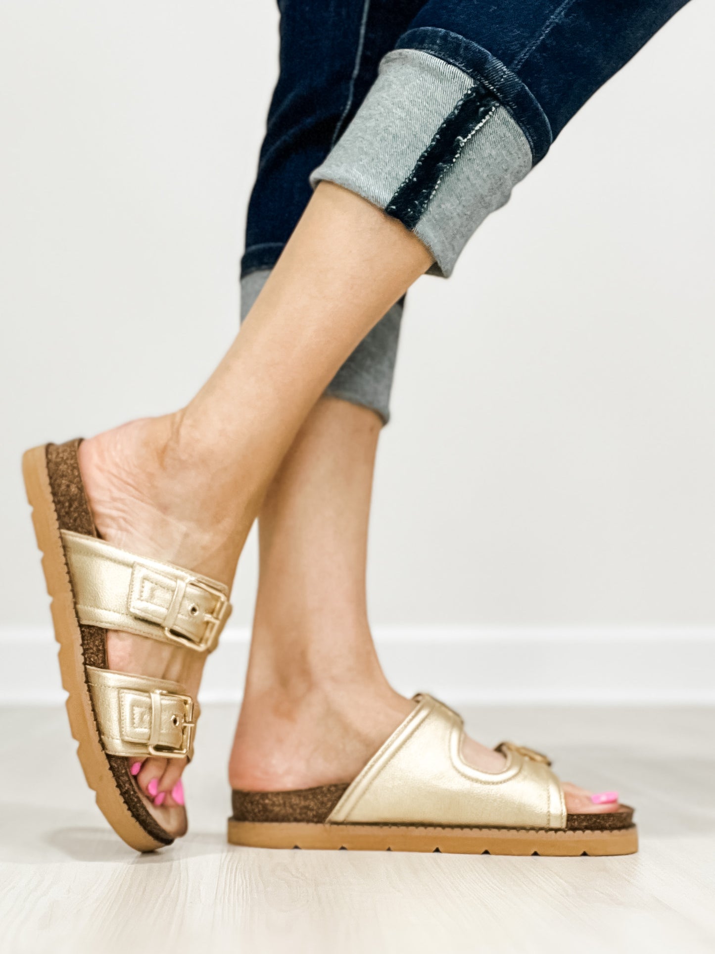 Corkys Conceited Double Buckle Slide Sandals in GOLD