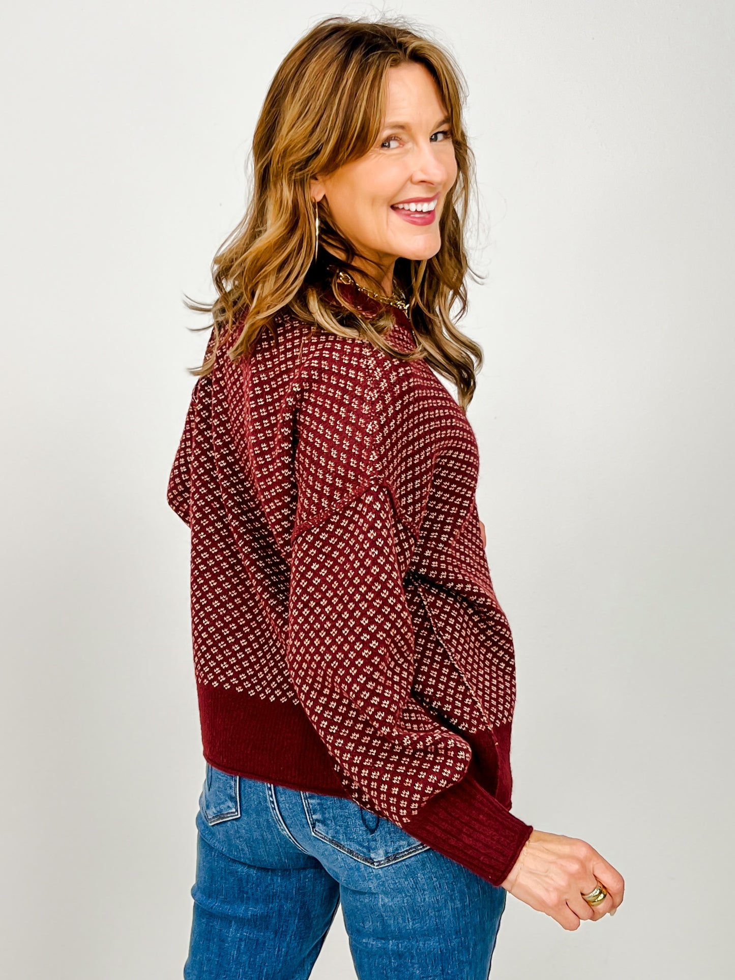 Mini Jacquard Crew Neck Long Sleeve Knit Sweater