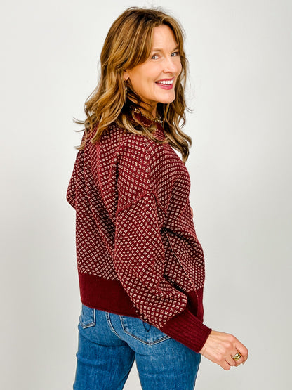 Mini Jacquard Crew Neck Long Sleeve Knit Sweater