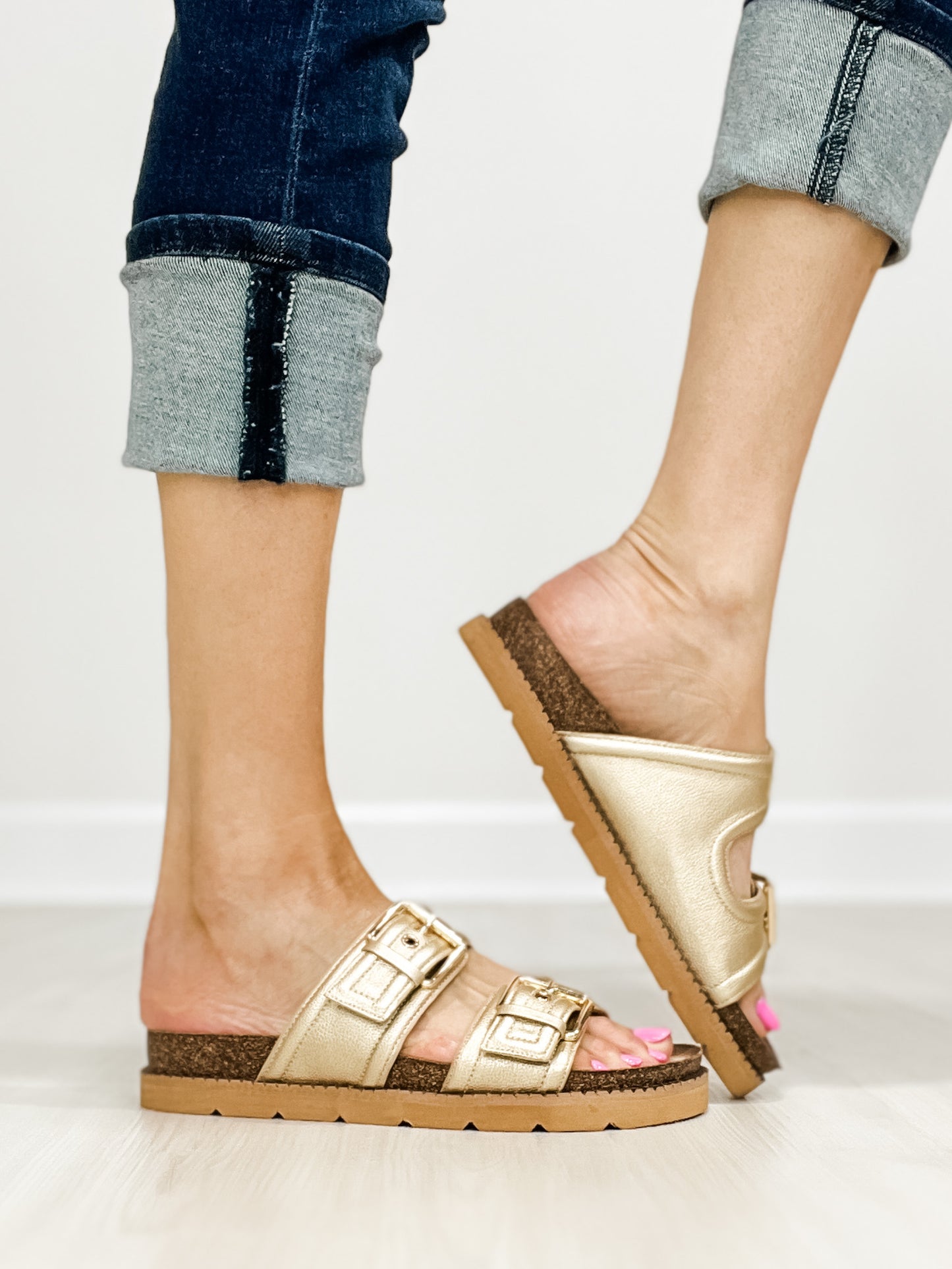 Corkys Conceited Double Buckle Slide Sandals in GOLD